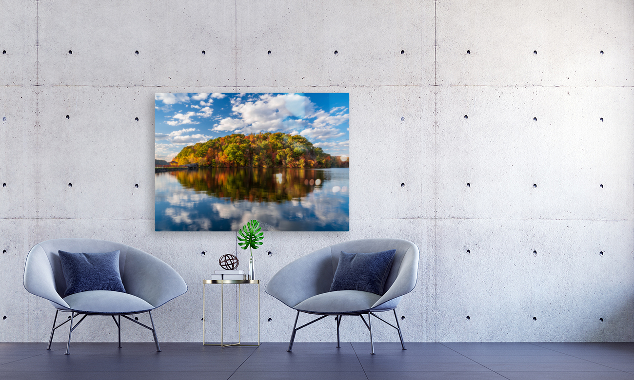 Perfect reflection of fall leaves in Cheat Lake Reproduction