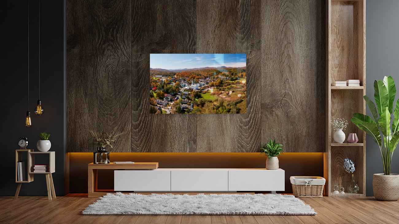 Aerial view of the town of Stowe Vermont in the fall Reproduction