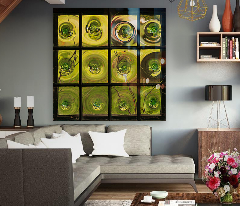 Window of old crown glass panes reflected garden Reproduction