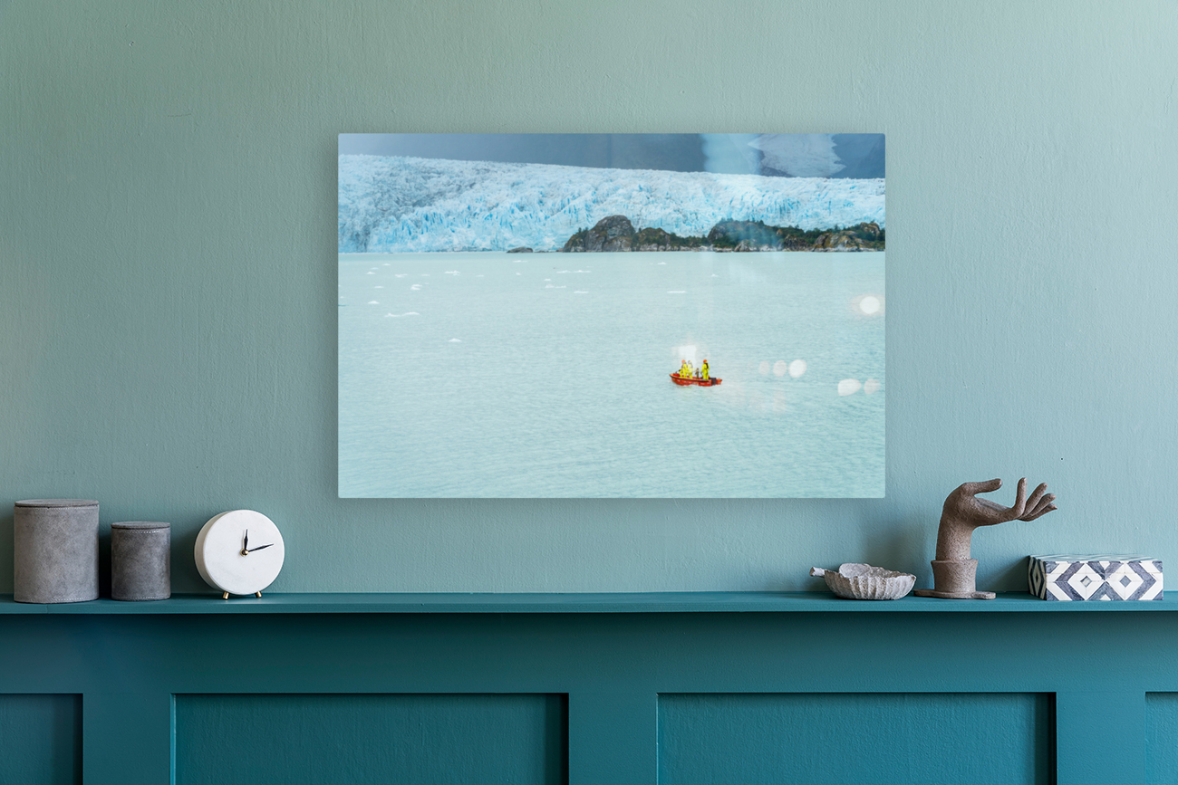 Small boat approaching Amalia Glacier to collect iceberg Reproduction