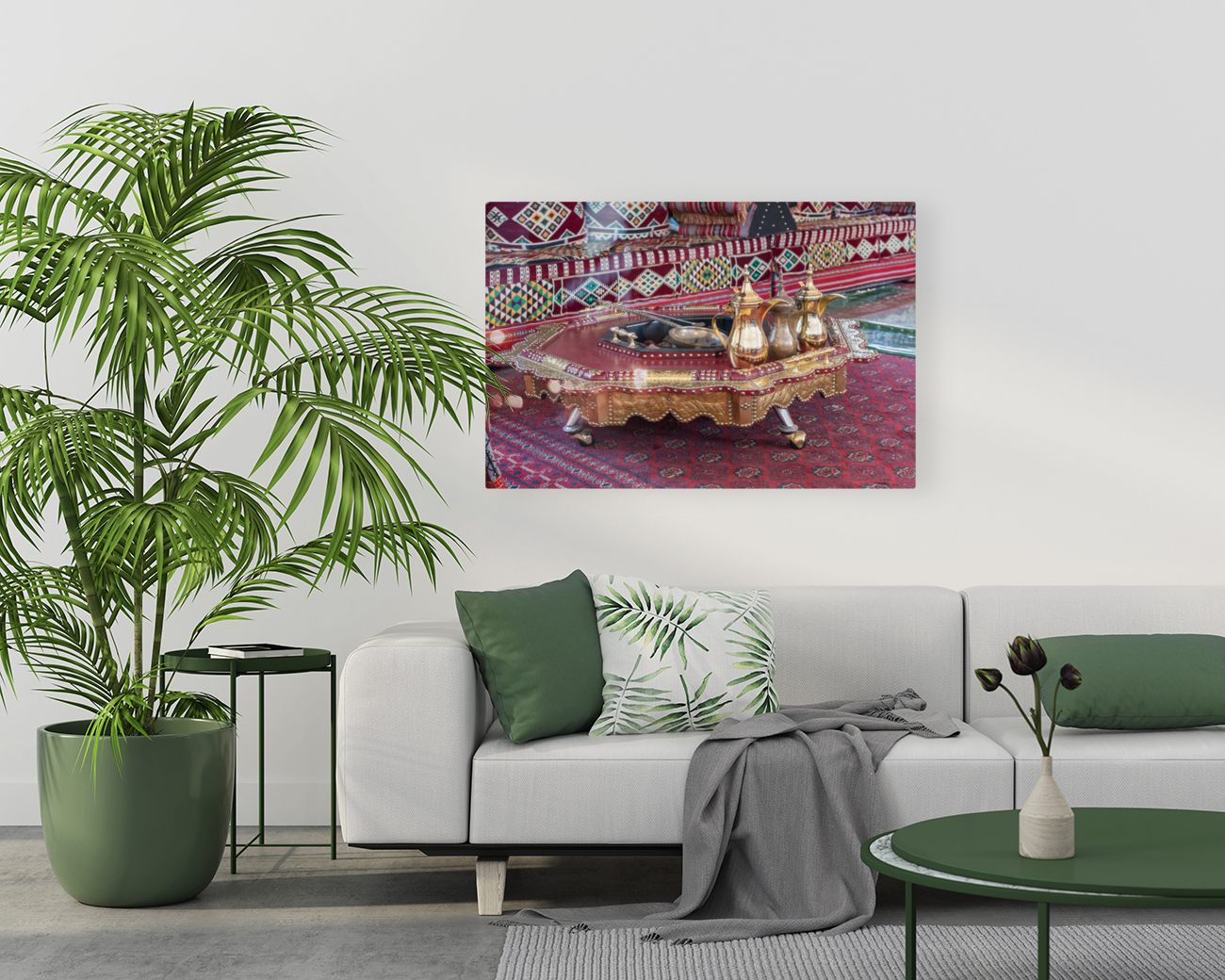 Traditional arabic coffee jugs or qahwa in Dubai with table and  Reproduction