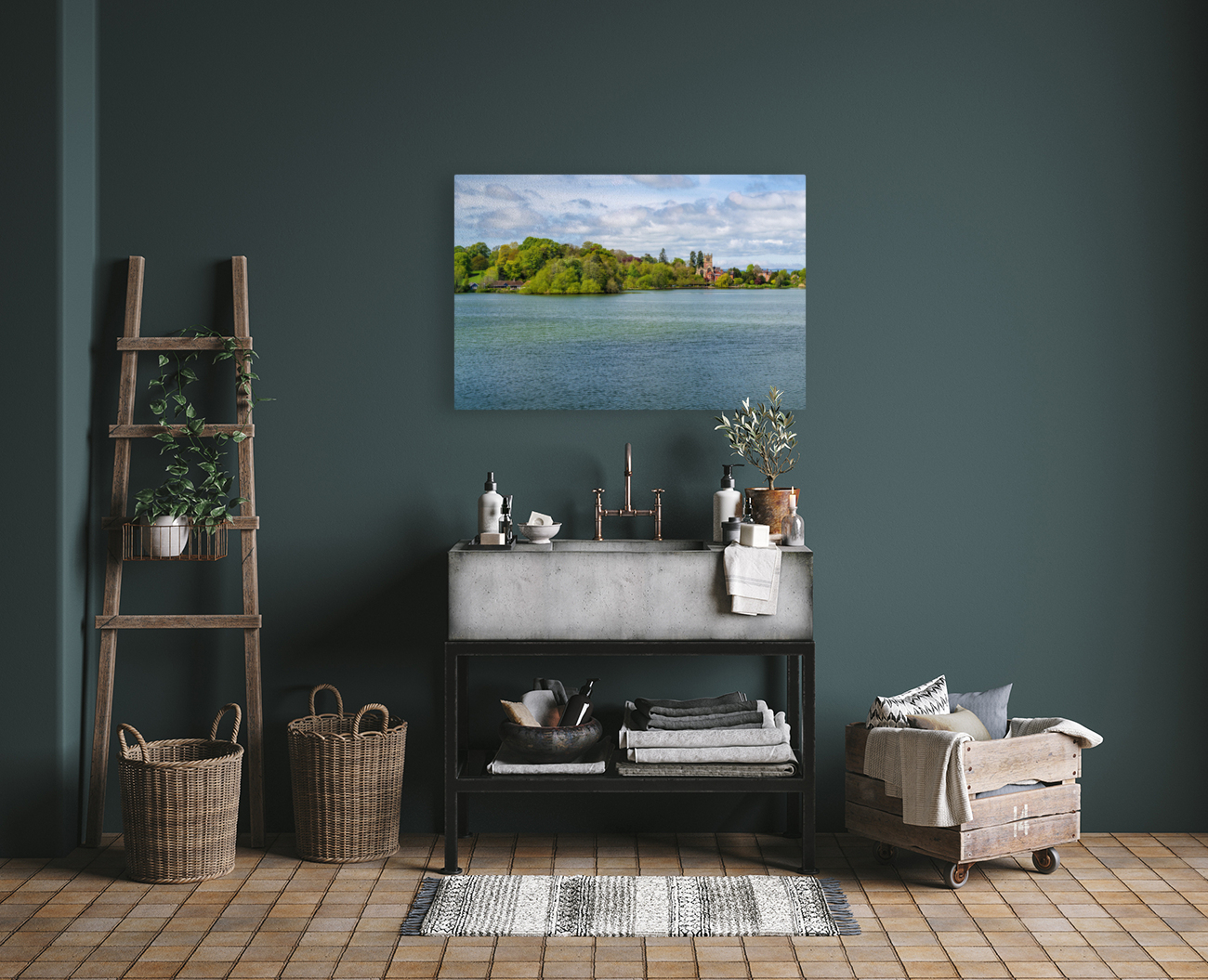 View across the Mere to the town of Ellesmere in Shropshire Reproduction