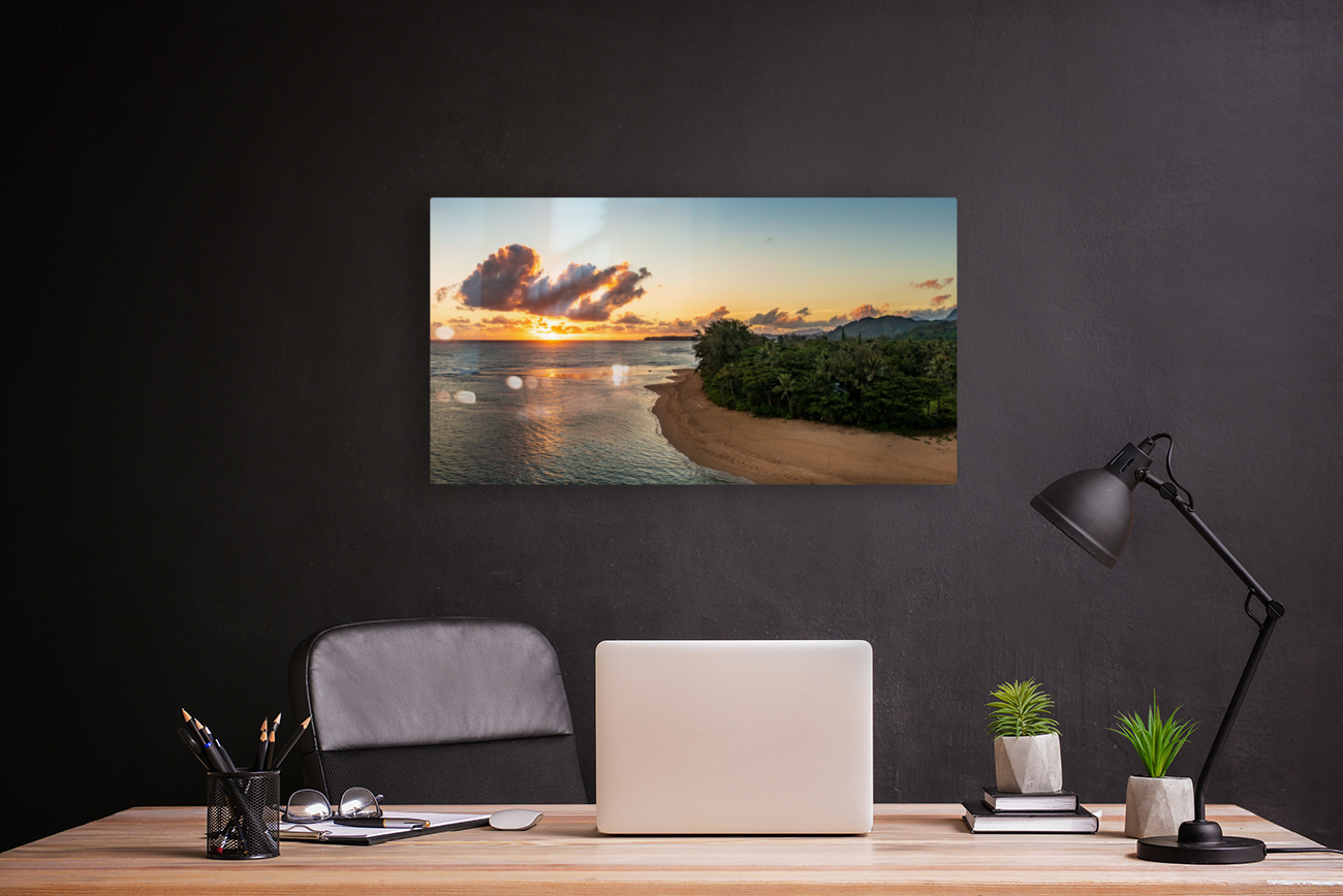 Wide panoramic view of sunrise over Tunnels Beach Kauai Hawaii Reproduction