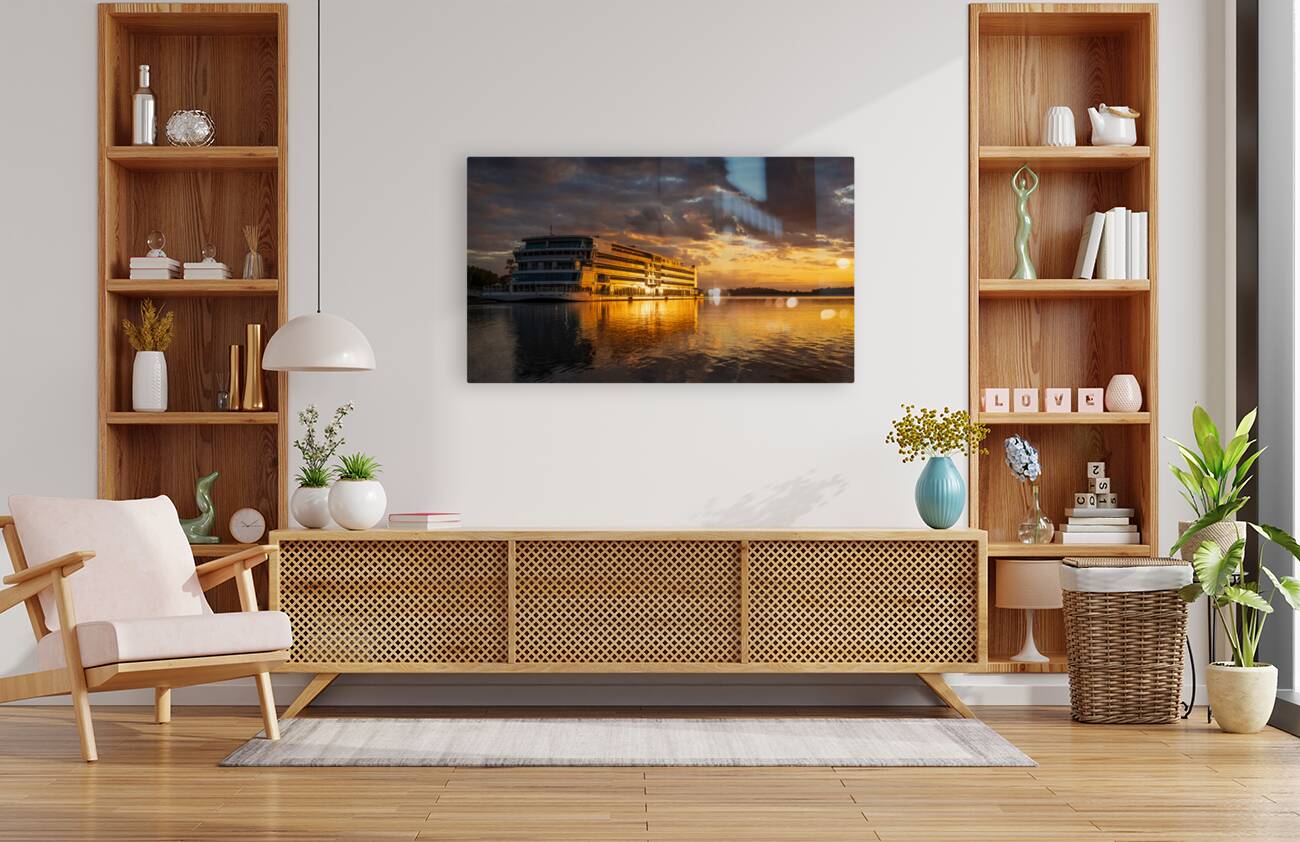 Sunset over Viking Mississippi river  cruise boat near Vicksburg Reproduction