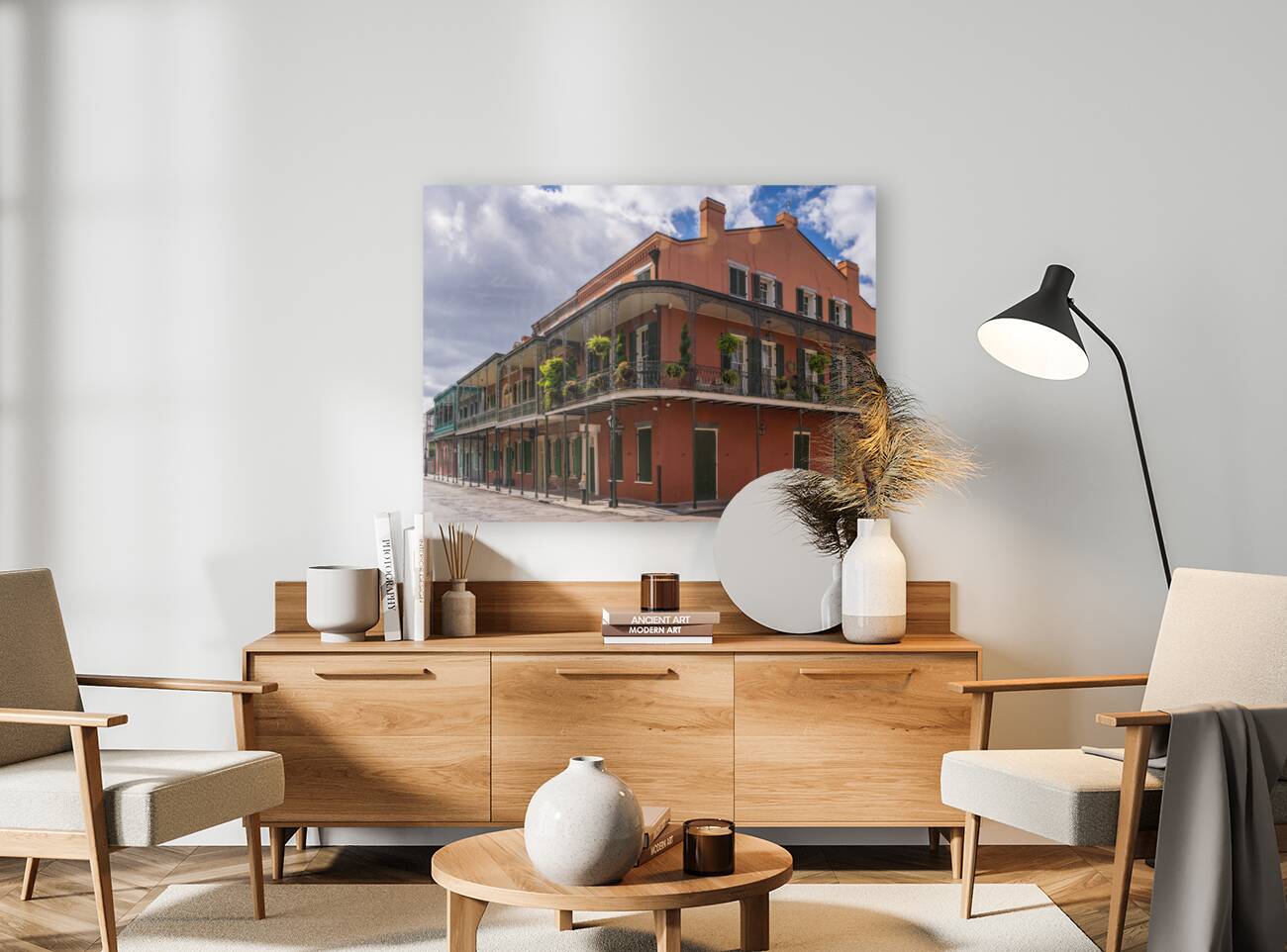 Traditional wrought iron balcony on ochre New Orleans house Reproduction