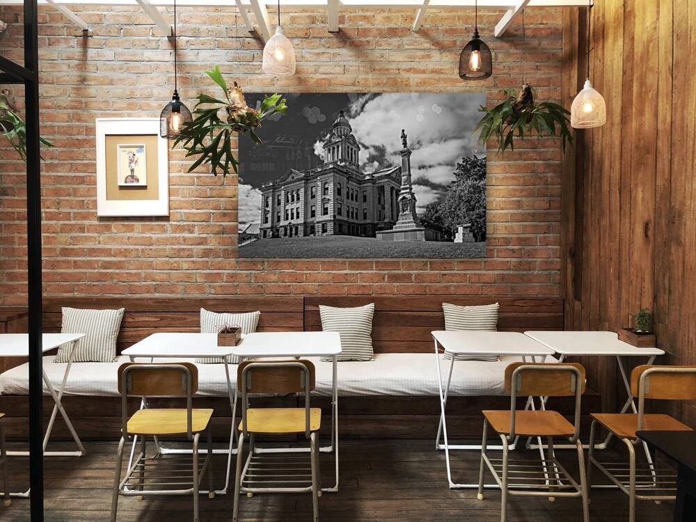 BW Facade and clock tower of Winneshiek County Courthouse Reproduction