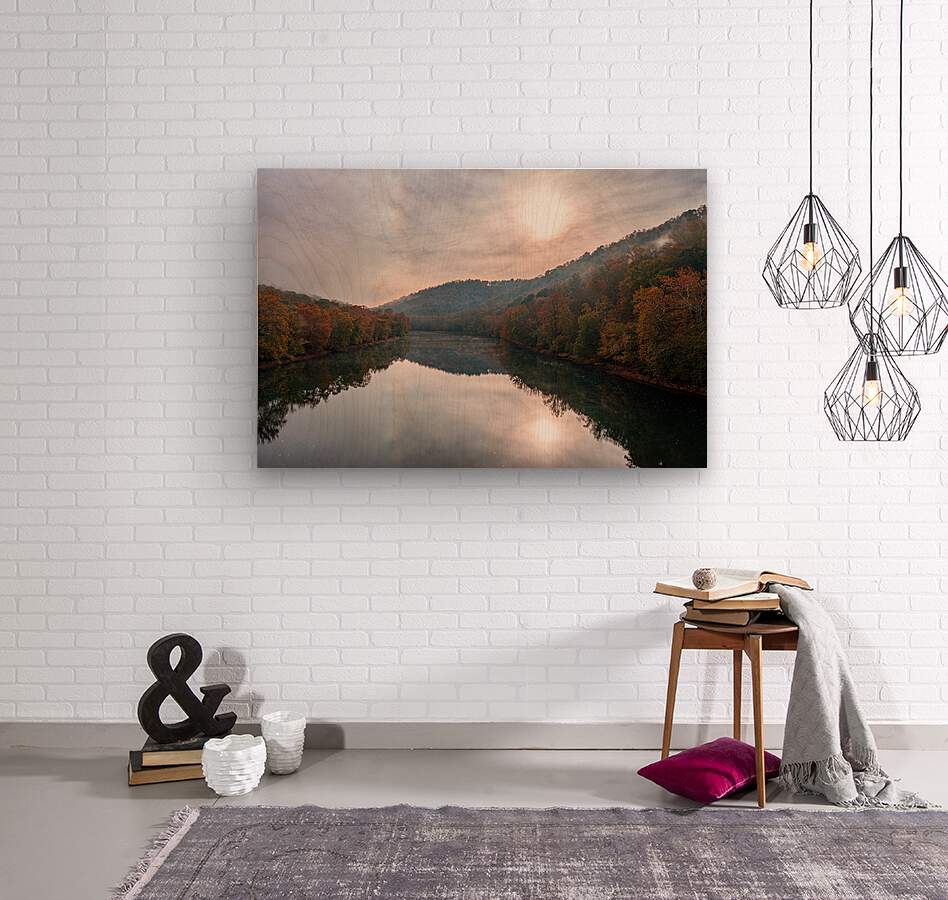 Calm Tygart River by Valley Falls on a misty autumn day  Wood print