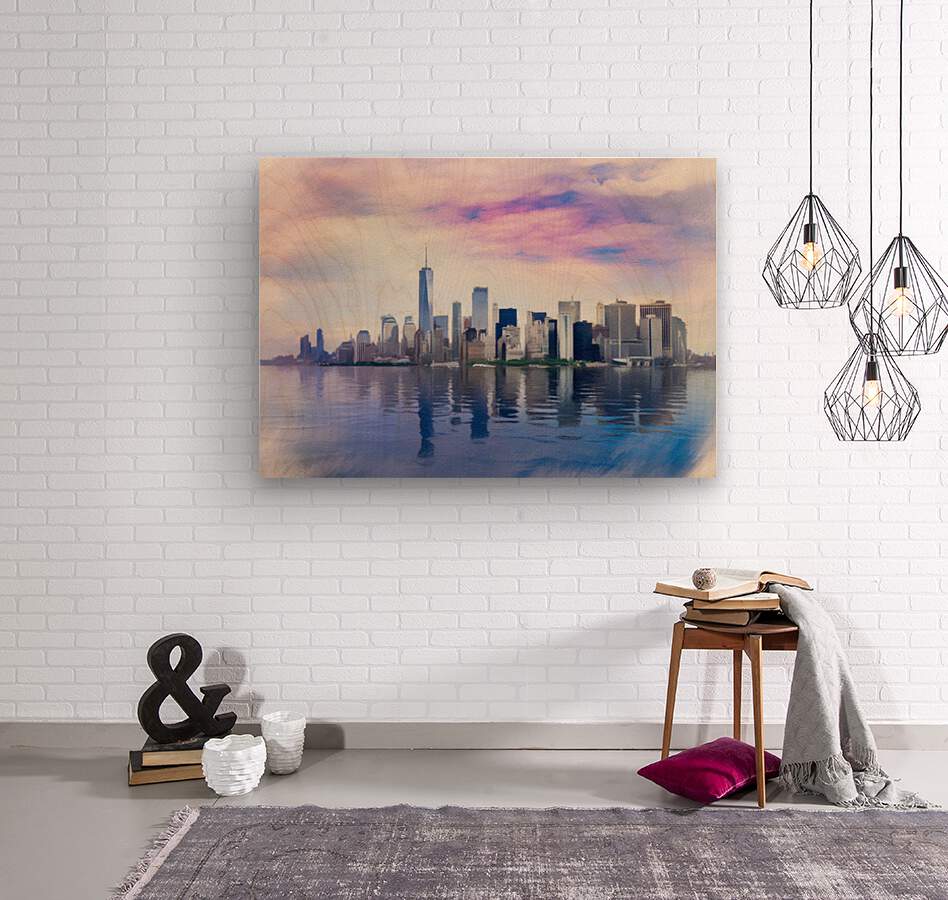 Pastel digital painting of panorama of Manhattan with calm water  Wood print