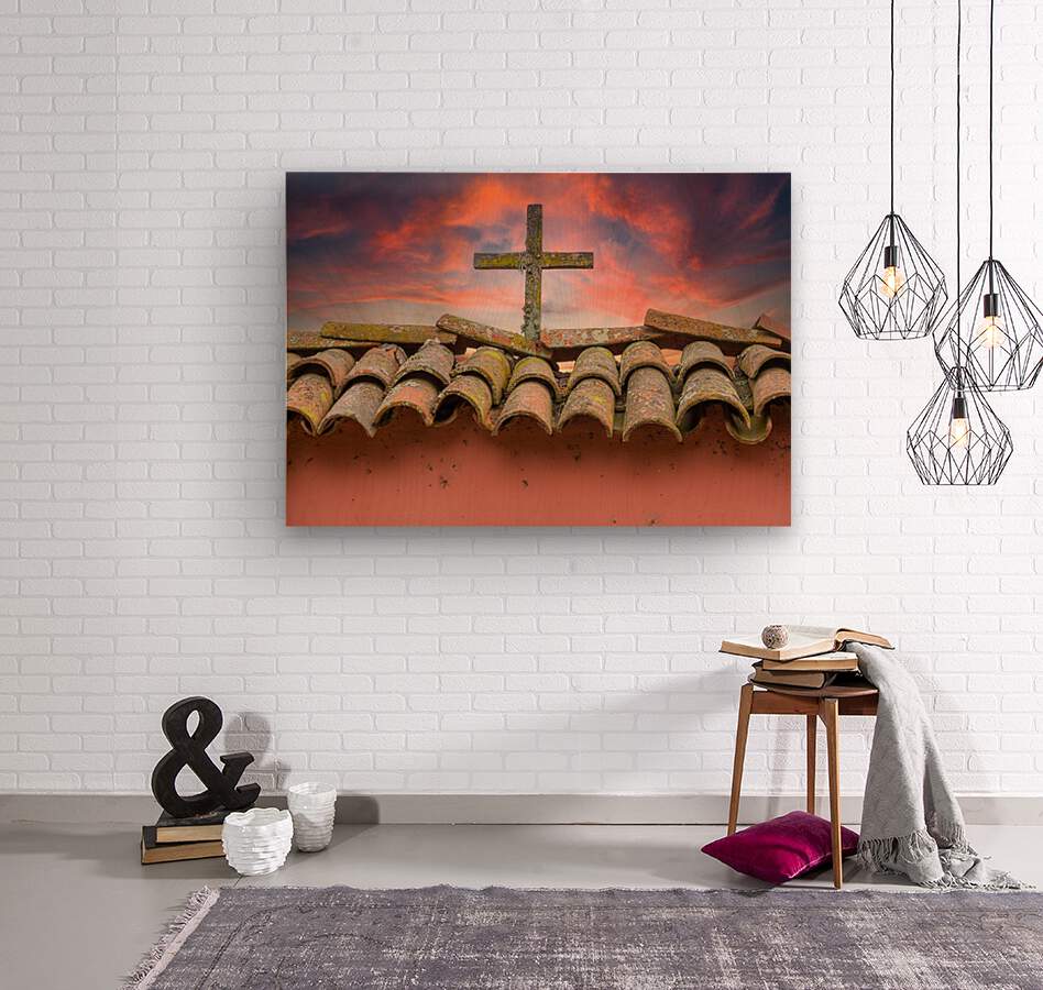 Wooden cross against brilliant sunrise at mission in California  Wood print