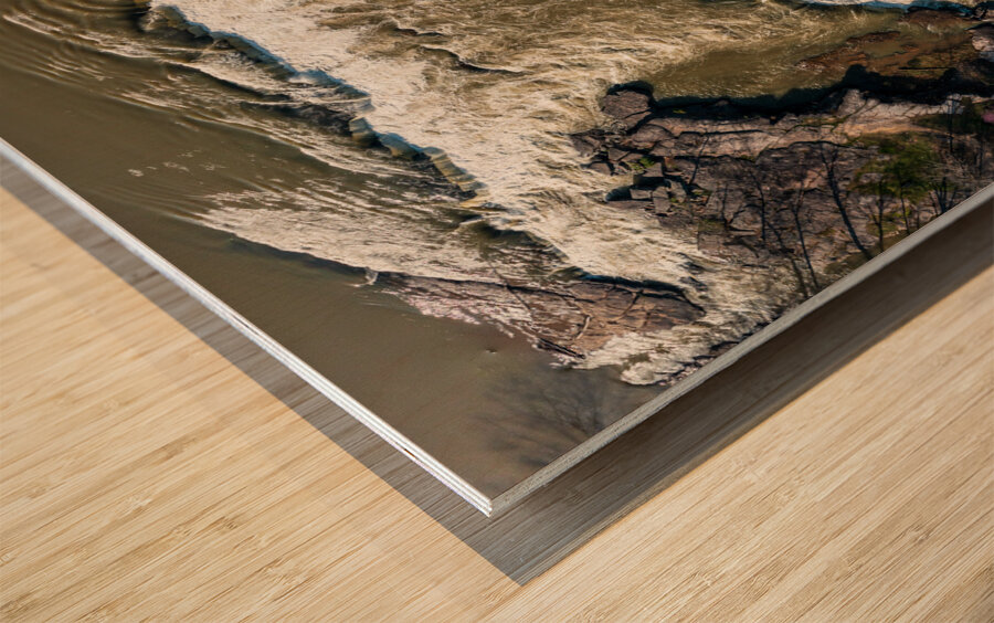 Top down over flooded Valley Falls on a bright spring morning Wood print