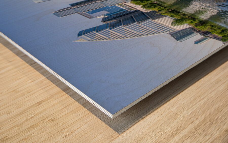 Fisheye lens view of Austin skyline including Lady Bird Lake Wood print