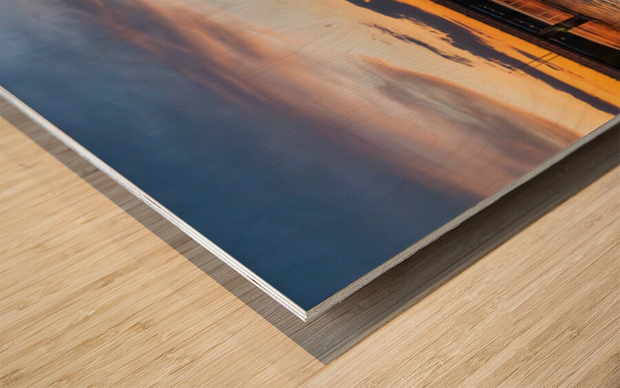 Sail like building with modern office blocks in Austin Texas sky Wood print