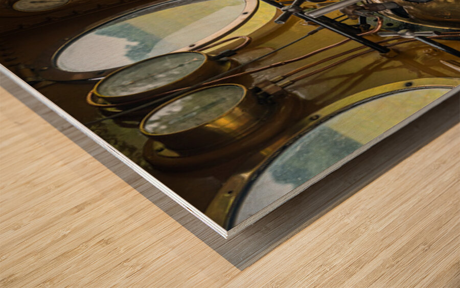Detail of the driver cabin and controls on an old steam locomoti Wood print