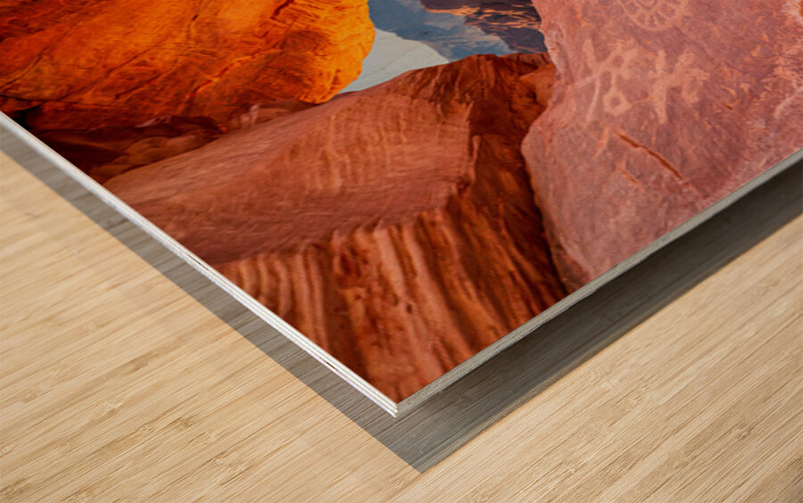 Natural arch on Atlatl Rock with scenic backgound added Wood print