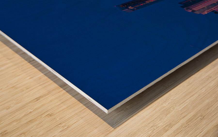 Harvest moon in the Austin skyline at sunset in Texas Wood print