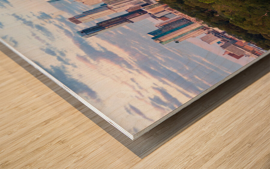 Aerial view of the Austin skyline at sunset over Barton Springs. Wood print