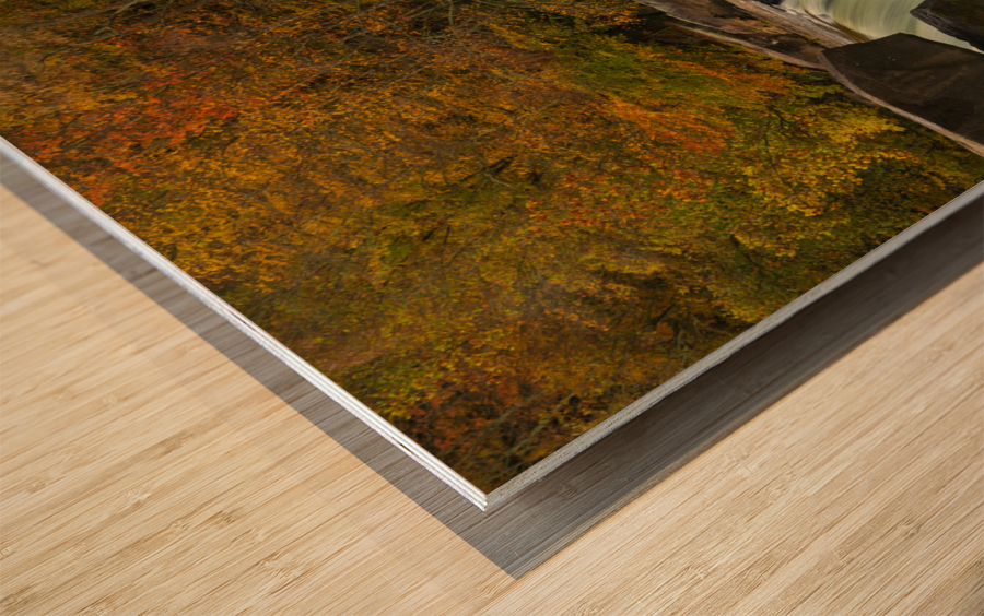 Section of Valley Falls on a misty autumn day Wood print