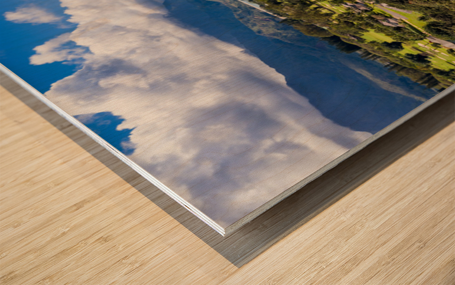 Aerial shot over Princeville with Hanalei Bay Wood print