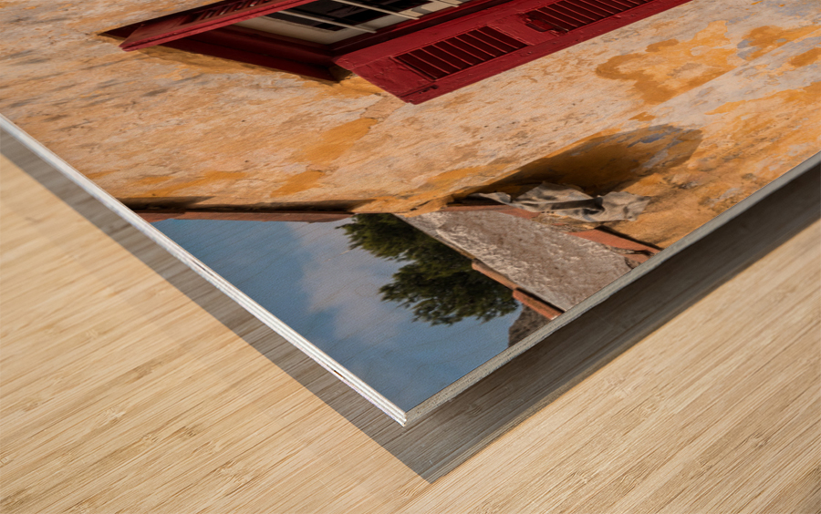Red shutters on window in Anafiotika in Athens Wood print