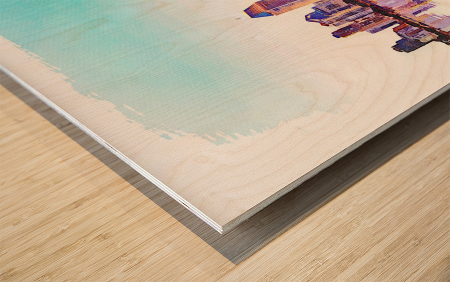 Watercolor painting of San Diego Skyline at sunset from Coronado Wood print