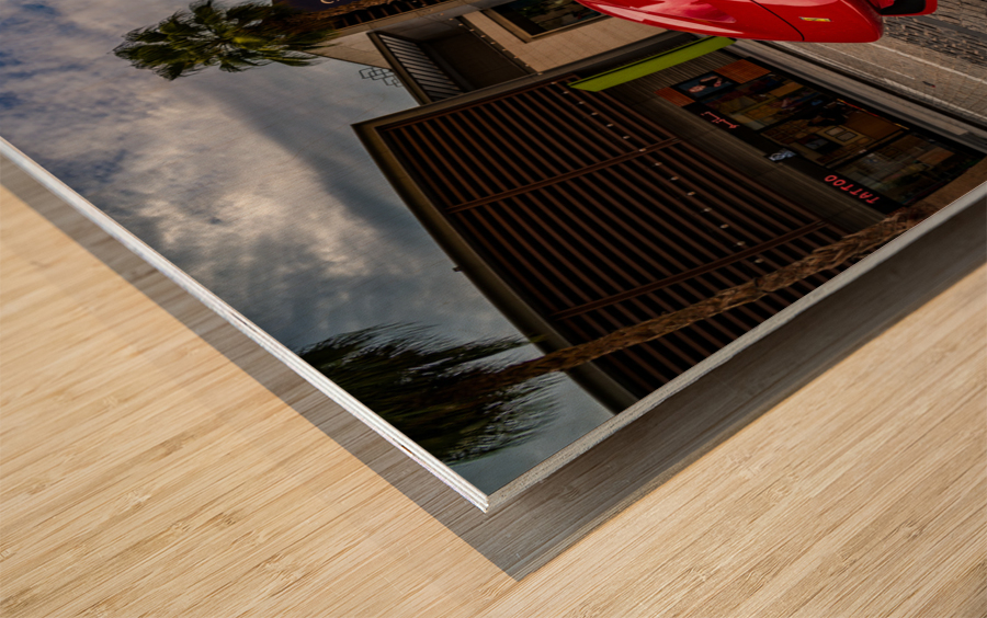 Red Ferrari parked in JBR Beach area of Dubai for rental Wood print