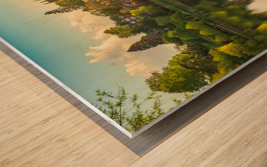 View across the Mere to the town of Ellesmere in Shropshire Wood print