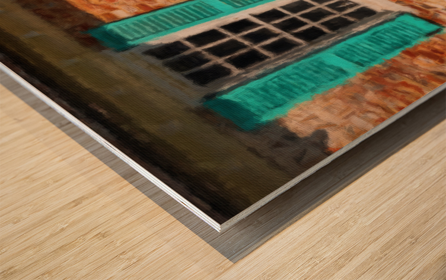 Painting of blue shutters against a white painted brick wall in  Wood print