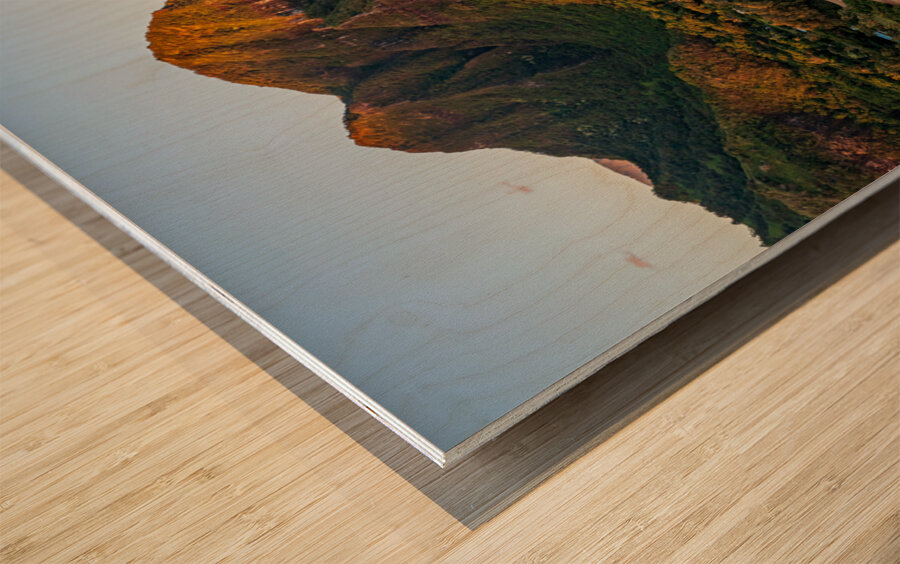 Aerial drone shot of Tunnels Beach at sunrise on Kauai in Hawaii Wood print