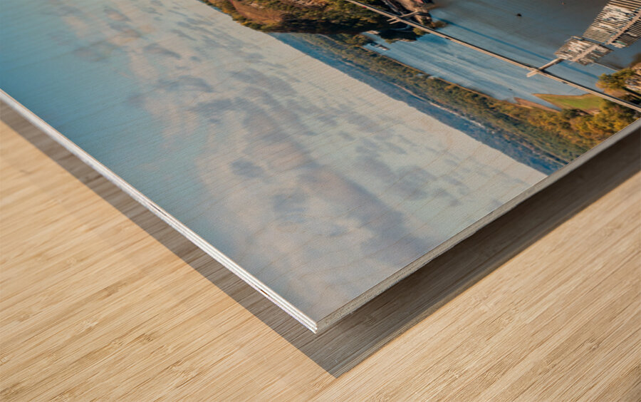 Aerial view of Red Wing Minnesota with river cruise boat Wood print