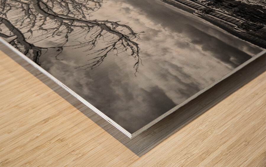 BW Coopers Rock overlook on snow-covered pathway Wood print