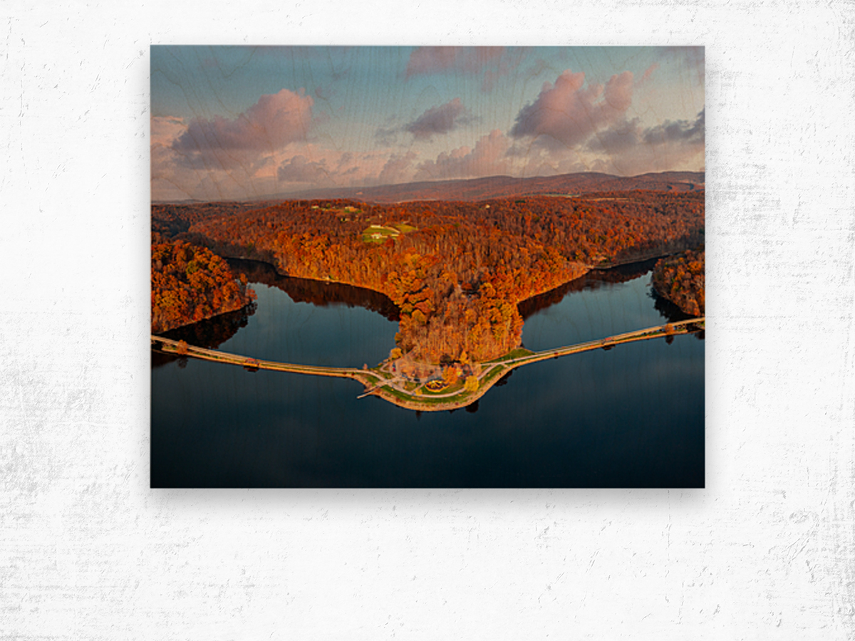 Aerial view of Cheat Lake Park near Morgantown WV Wood print