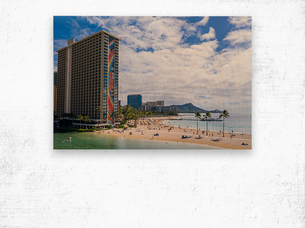 Hilton Hawaiian Village frames the shore in Waikiki Hawaii Wood print