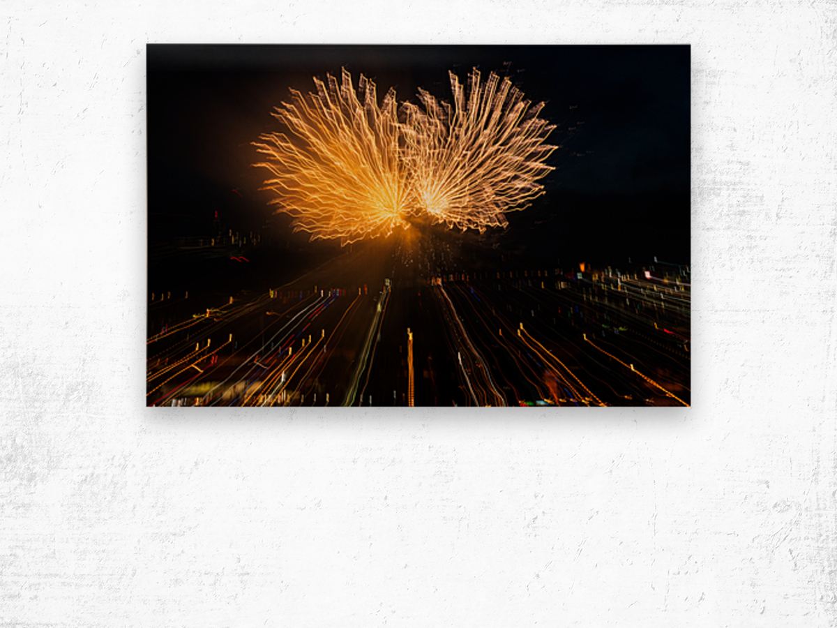 Abstract fireworks over Pittsburgh Wood print