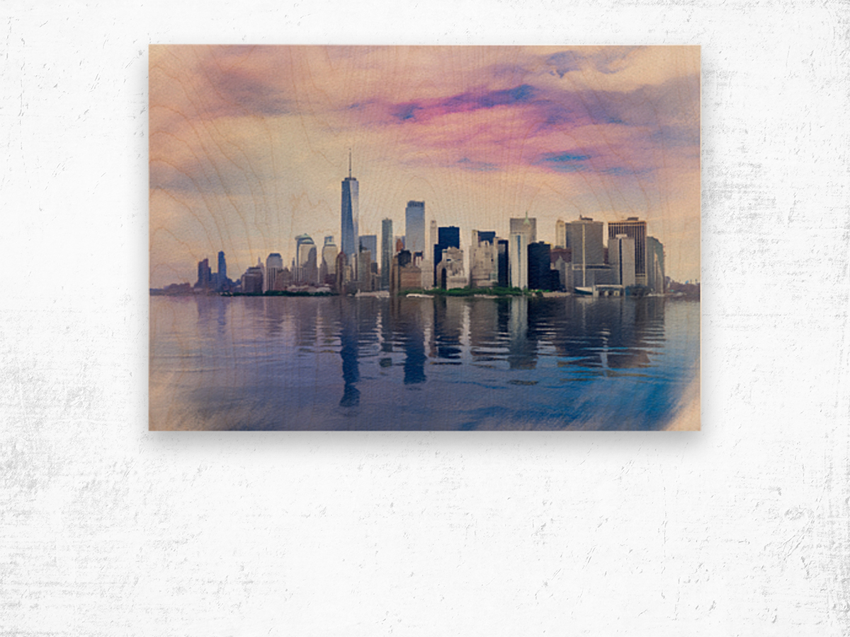 Pastel digital painting of panorama of Manhattan with calm water Wood print