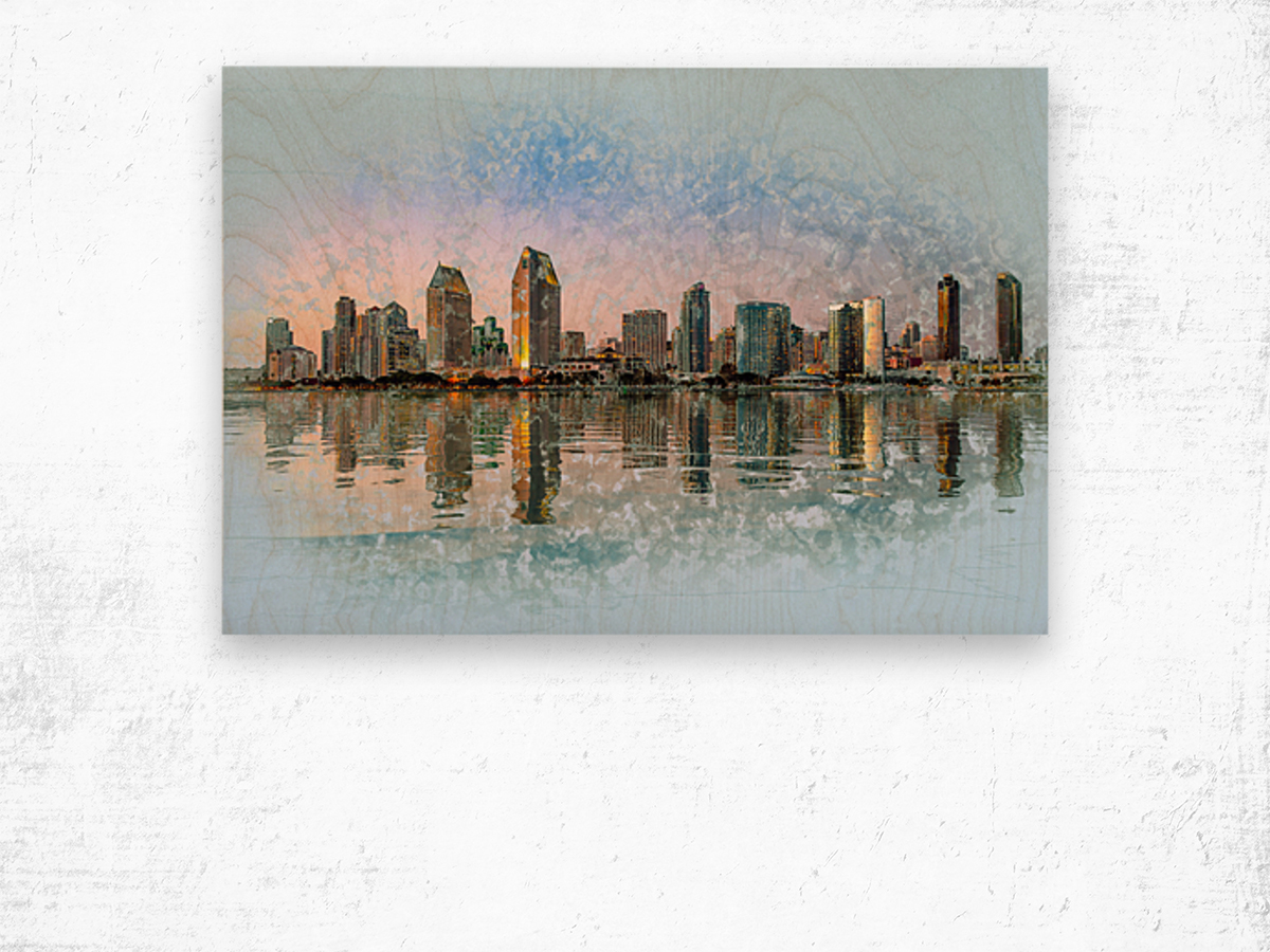 Sketch of San Diego Skyline at sunset  Wood print