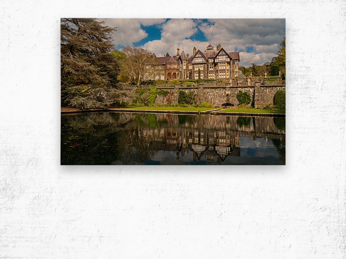 View of the manor house at Bodnant Gardens in North Wales Wood print