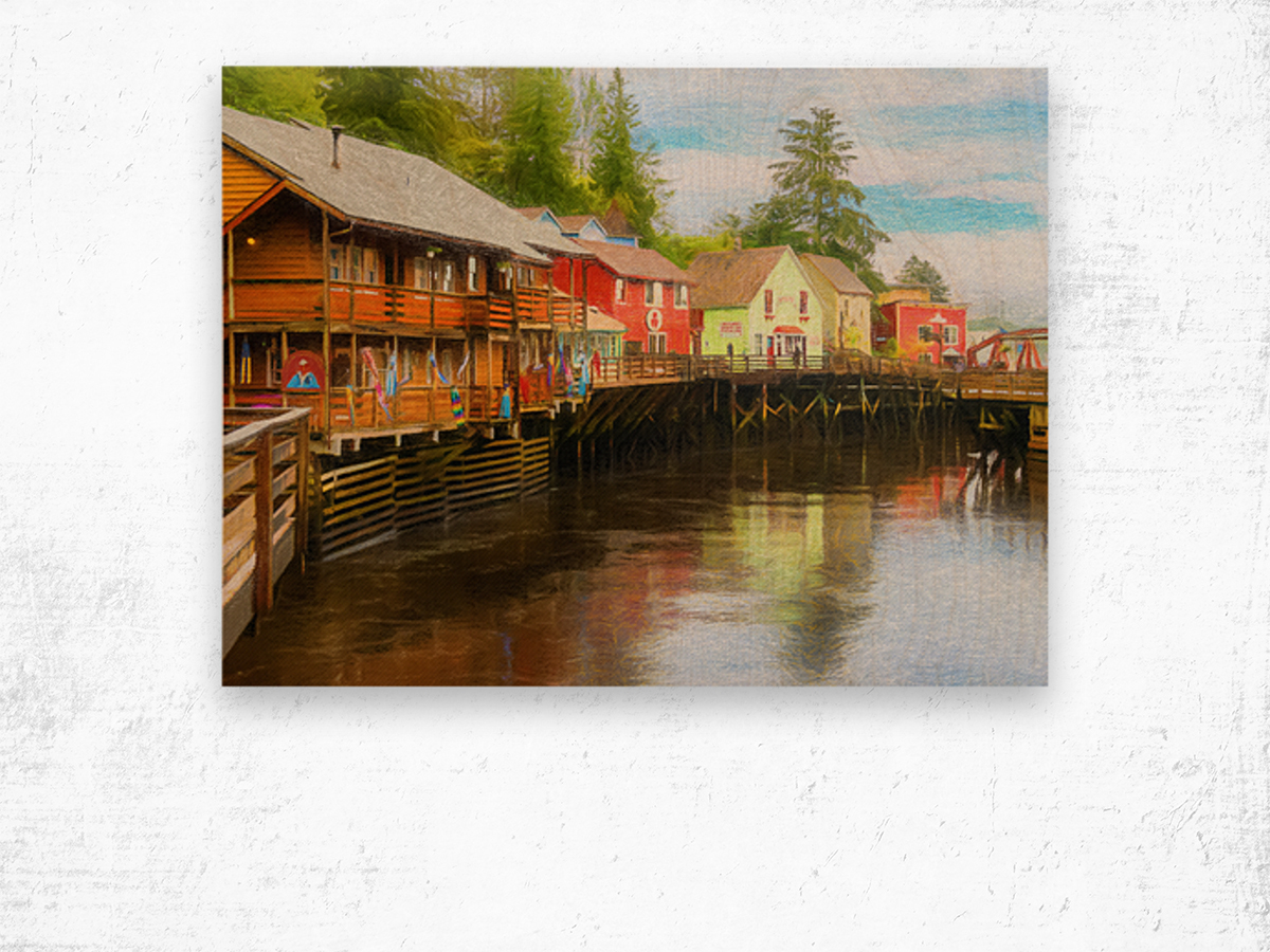 Painting of Creek Street wharf in Ketchikan Alaska Wood print