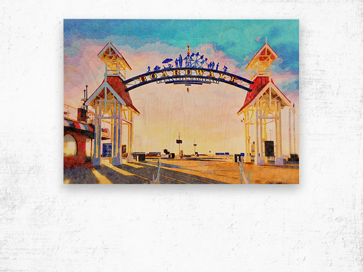 Watercolor of famous sign above Ocean City Wood print