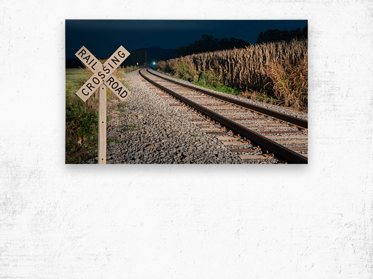 Oncoming train with railroad crossing sign Wood print