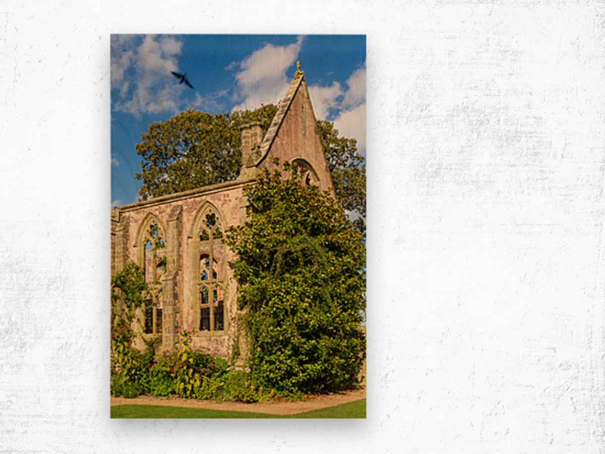 Abandoned historic British church with no roof Wood print