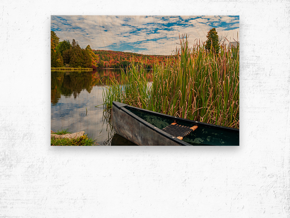 Canoe ready to launch in Silver Lake Vermont Wood print